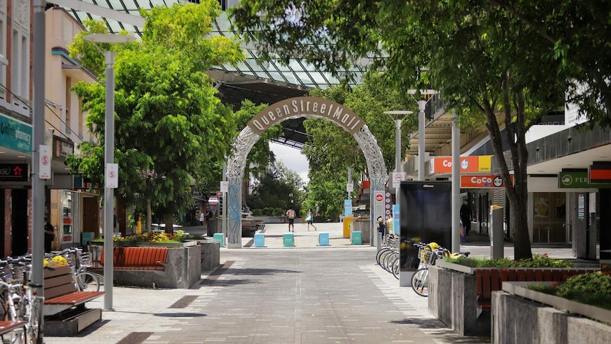 Deserted Queen Street Mall in Brisbane city on January 11, 2021. The usually bustling strip is empty.