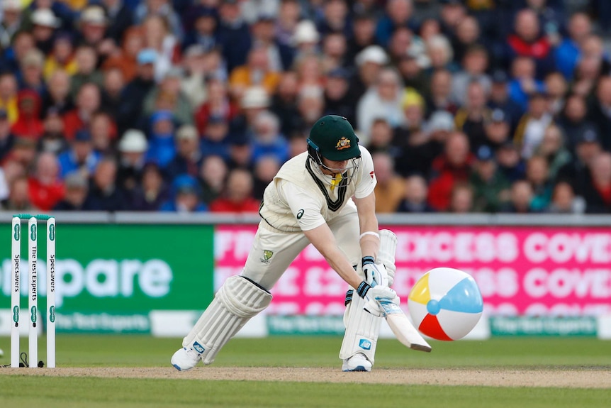 Steve Smith hits a beach ball on the pitch.