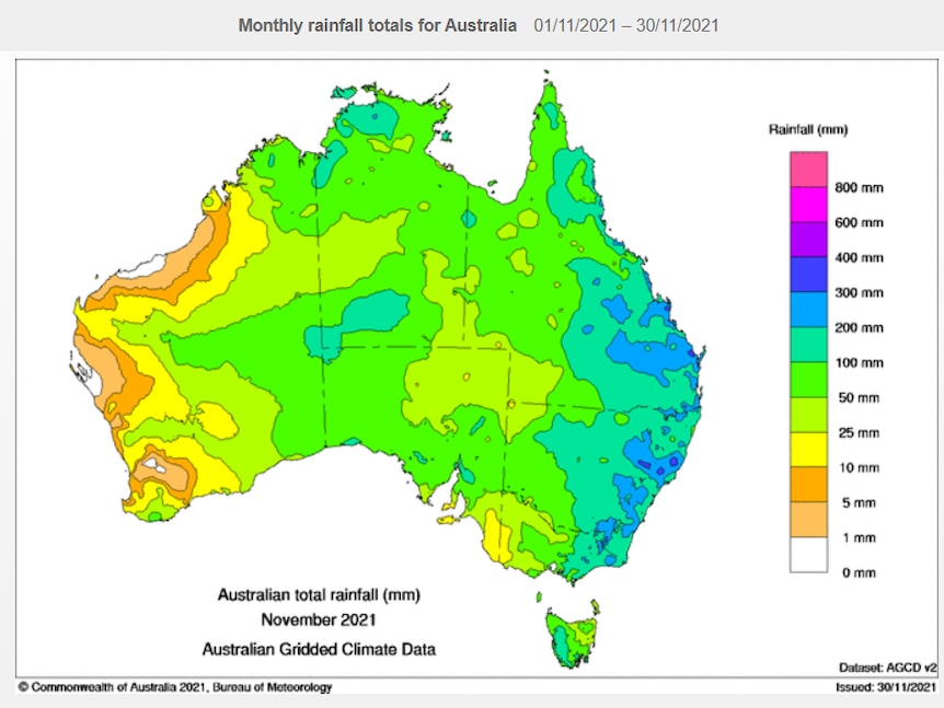 Colour-coded rainfall map showing rainfall across Australia.
