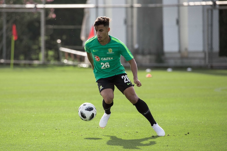 Daniel Arzani controls the ball for the Socceroos in Turkey.