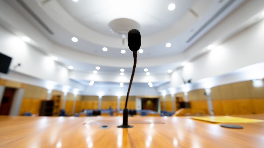 A close-up of a small microphone in court