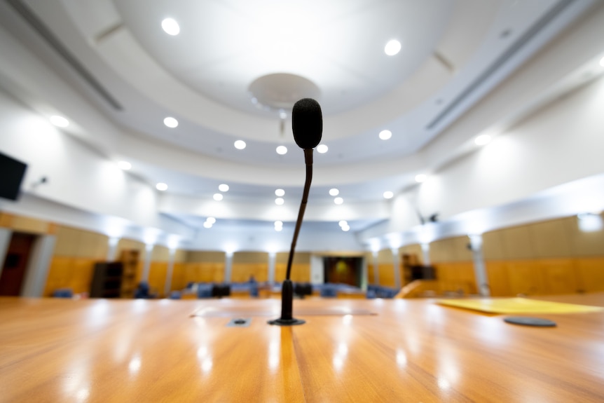 A close-up of a small microphone in court