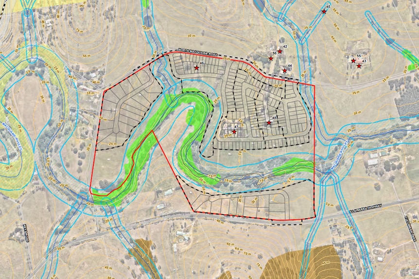 A map of a winding river with planned housing around it.
