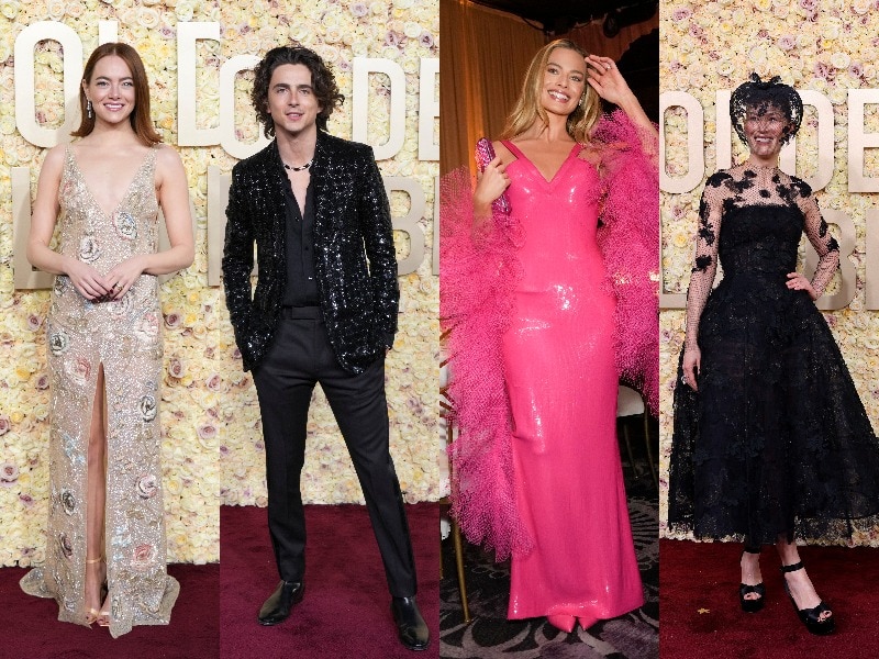 Actors and actresses on the red carpet wearing fancy frocks and suits