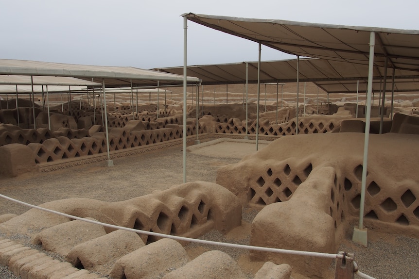 Roof structures protect the UNESCO listed ancient ruins of Chan Chan in northern Peru