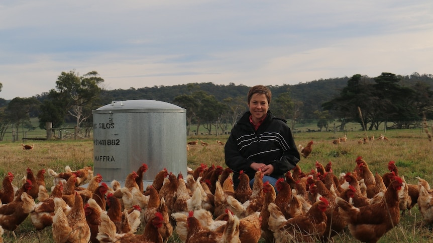 Egg farmer Marnie Ellis, from Glengarry in Gippsland, with her free range chickens.