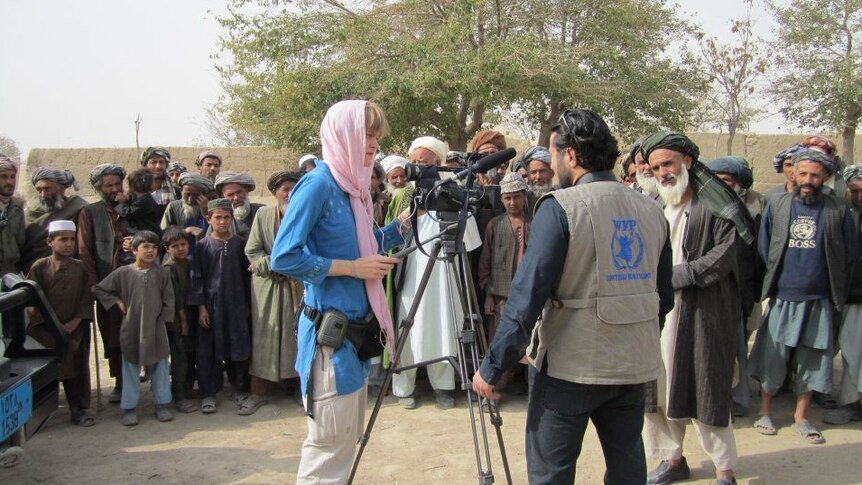 ABC correspondent Sally Sara filming in Jawzjan province, Afghanistan