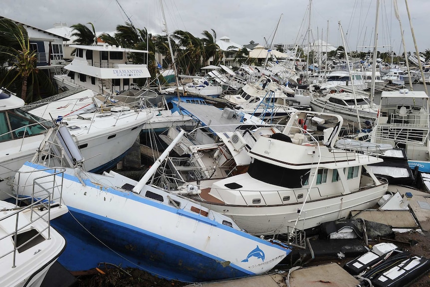 Yachts that have rammed into one another in a marina during a ferocious storm.