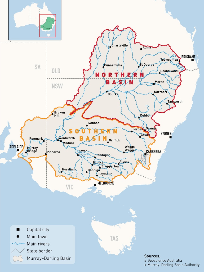 a drawing showing the river catchments in the Murray-Darling Basin Plan