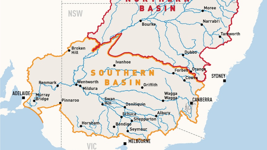 a drawing showing the river catchments in the Murray-Darling Basin Plan