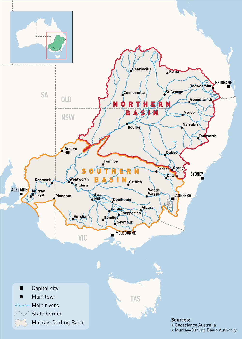 a drawing showing the river catchments in the Murray-Darling Basin Plan