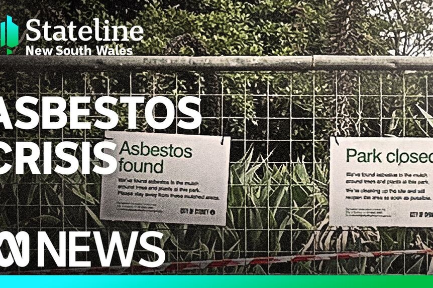 Asbestos Crisis: Cyclone fencing at a park with signs saying 'Asbestos found' and 'Park closed'