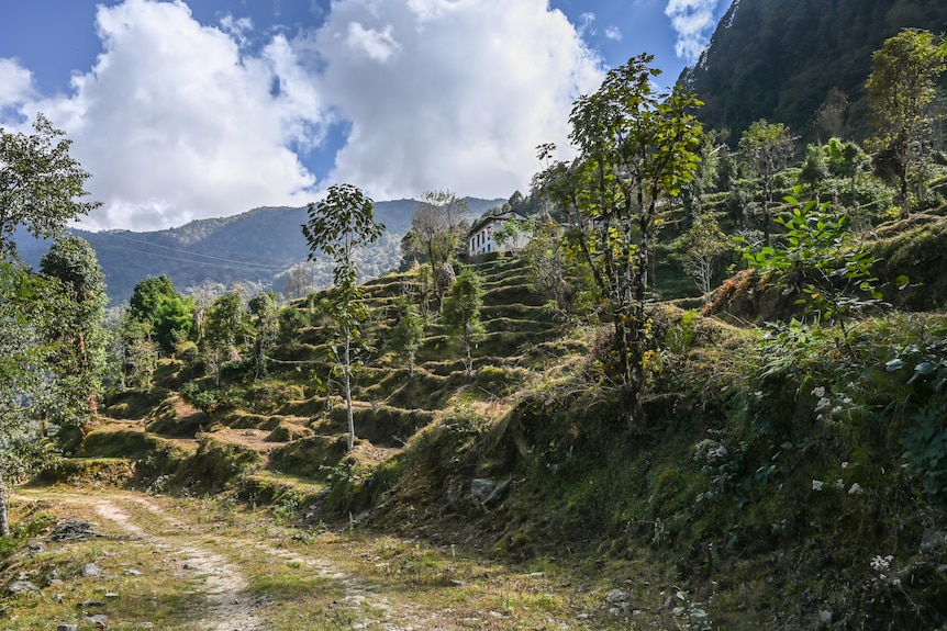 Crumbling terraces for growing crops with mountain scenery behind