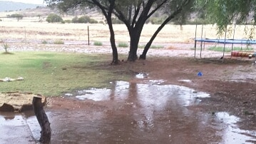 Puddle of water next to a house on Tarlton Downs Station.