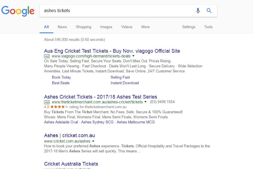 A screenshot of Google's top results for Ashes tickets, with Viagogo the top result