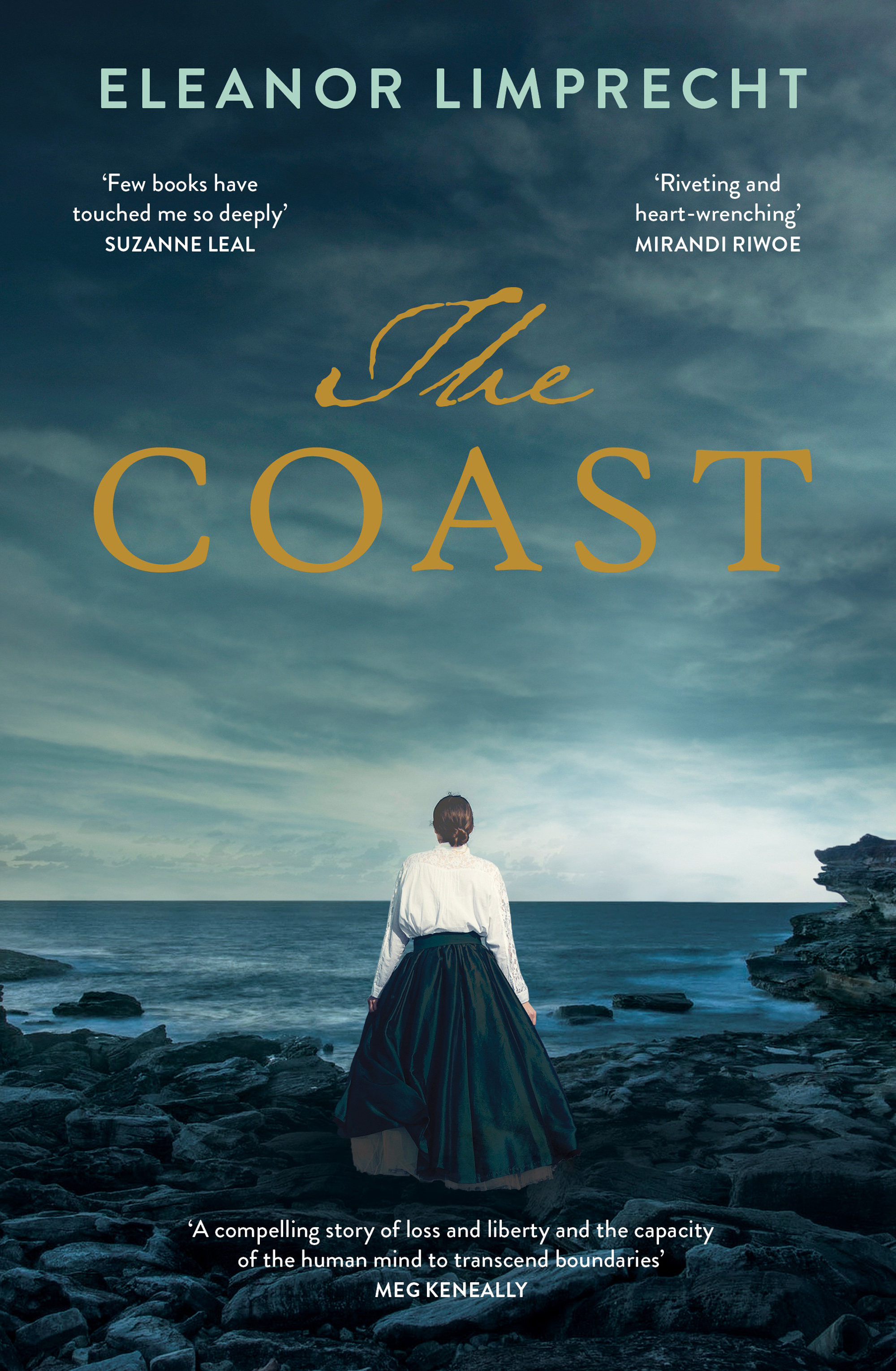 Cover of The Coast Eleanor Limprecht featuring a woman in a shirt and long skirt looking out over a stormy sea. 