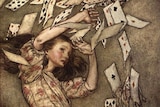 An illustration by Arthur Rackham of Alice in Wonderland, a girl holding up her arms at playing cards