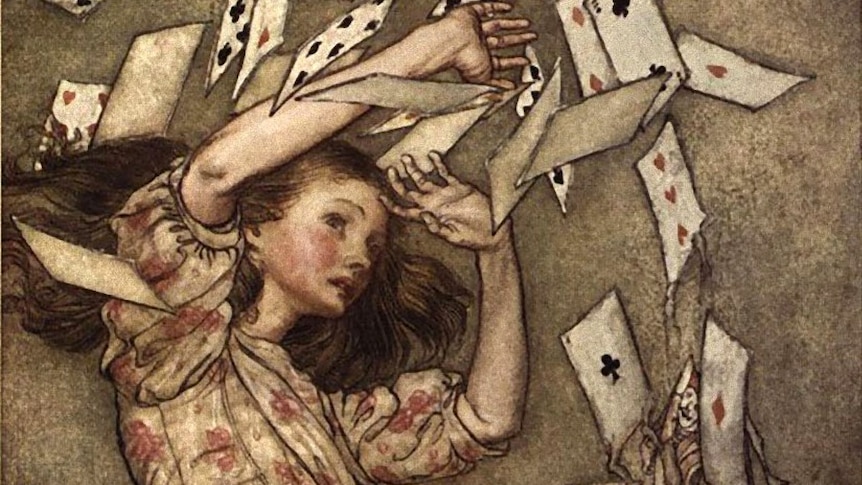 An illustration by Arthur Rackham of Alice in Wonderland, a girl holding up her arms at playing cards