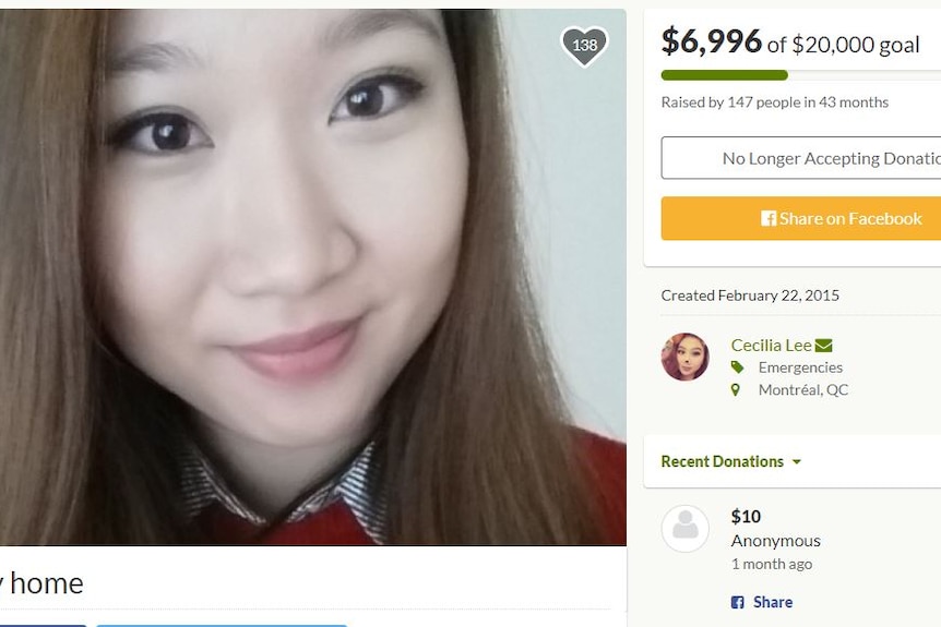 A screenshot of a GoFundMe page with donations at $6,996 of $20,000 and a picture of Seo-Yeon Lee