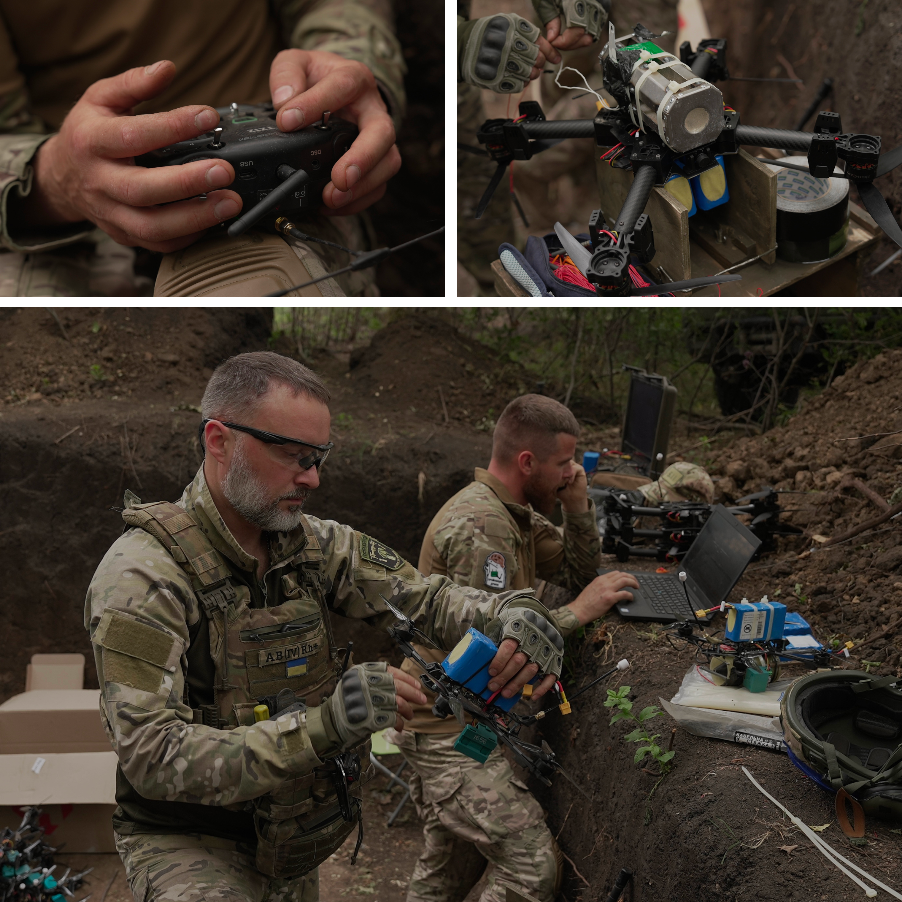 A grid of photos showing soldiers in a ditch dug into soil controlling small drones with laptops and controllers