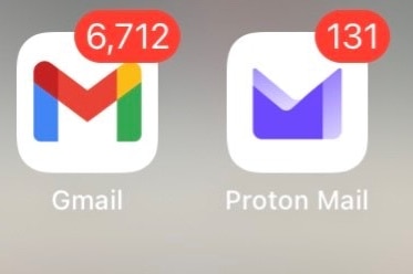 A screenshot of the Gmail app with 6,712 unread emails, and the Proton Mail app with 131 unread emails.