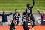 Newcastle Jets players jump and celebrate in front of their fans as Sydney FC players look disappointed.