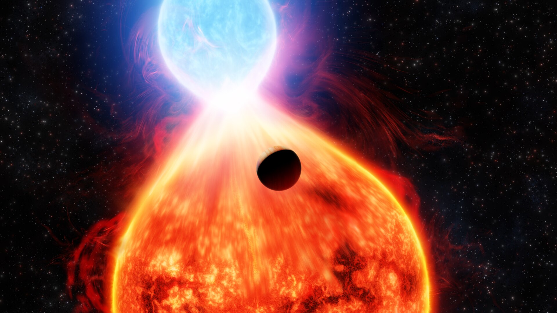 Artist depiction of planet orbiting two merging stars