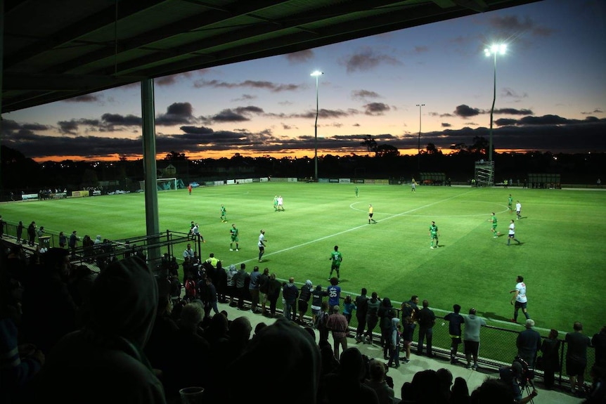 Soccer player move about a green pitch illuminated by floodlights in twilight.