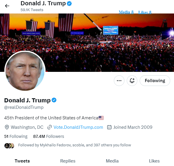 A screenshot of Donald Trump's Twitter page