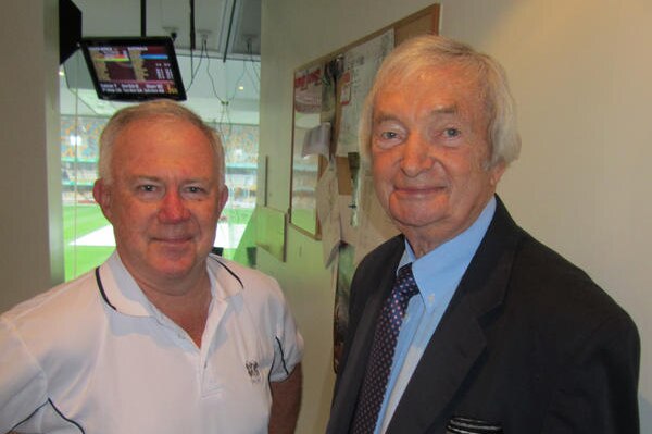 Jim Maxwell and Richie Benaud posing during rain-affected second day, first Test at Gabba, Nov 10 2012