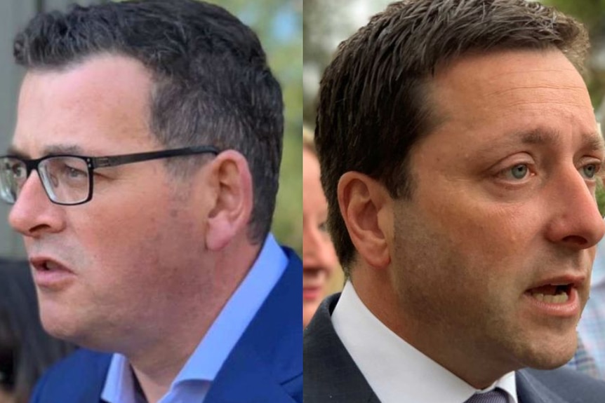 Daniel Andrews and Matthew Guy face opposite directions in separate images.