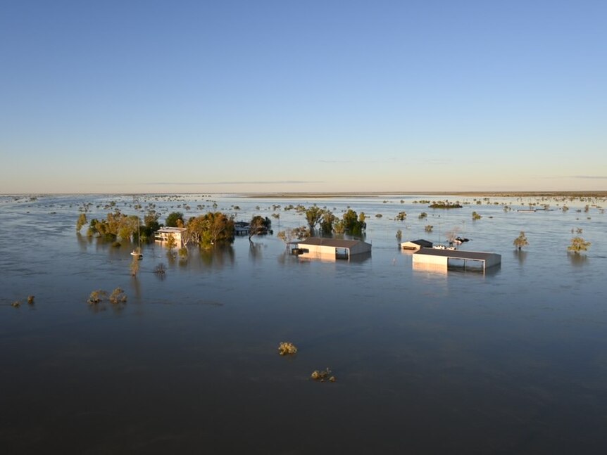 An aerial shot of floodwater inundating an outback property