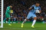 Sergio Aguero celebrates after scoring for Manchester City against Monaco in the Champions League