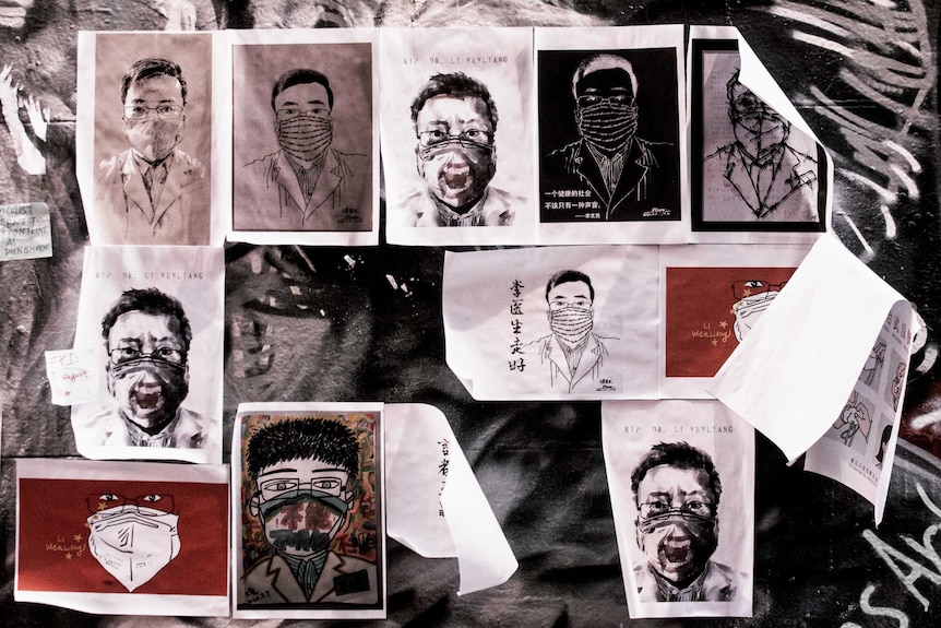 Posters of Dr Li Wenliang, including a variety of sketches of his face covered by a mask or barbed wire.