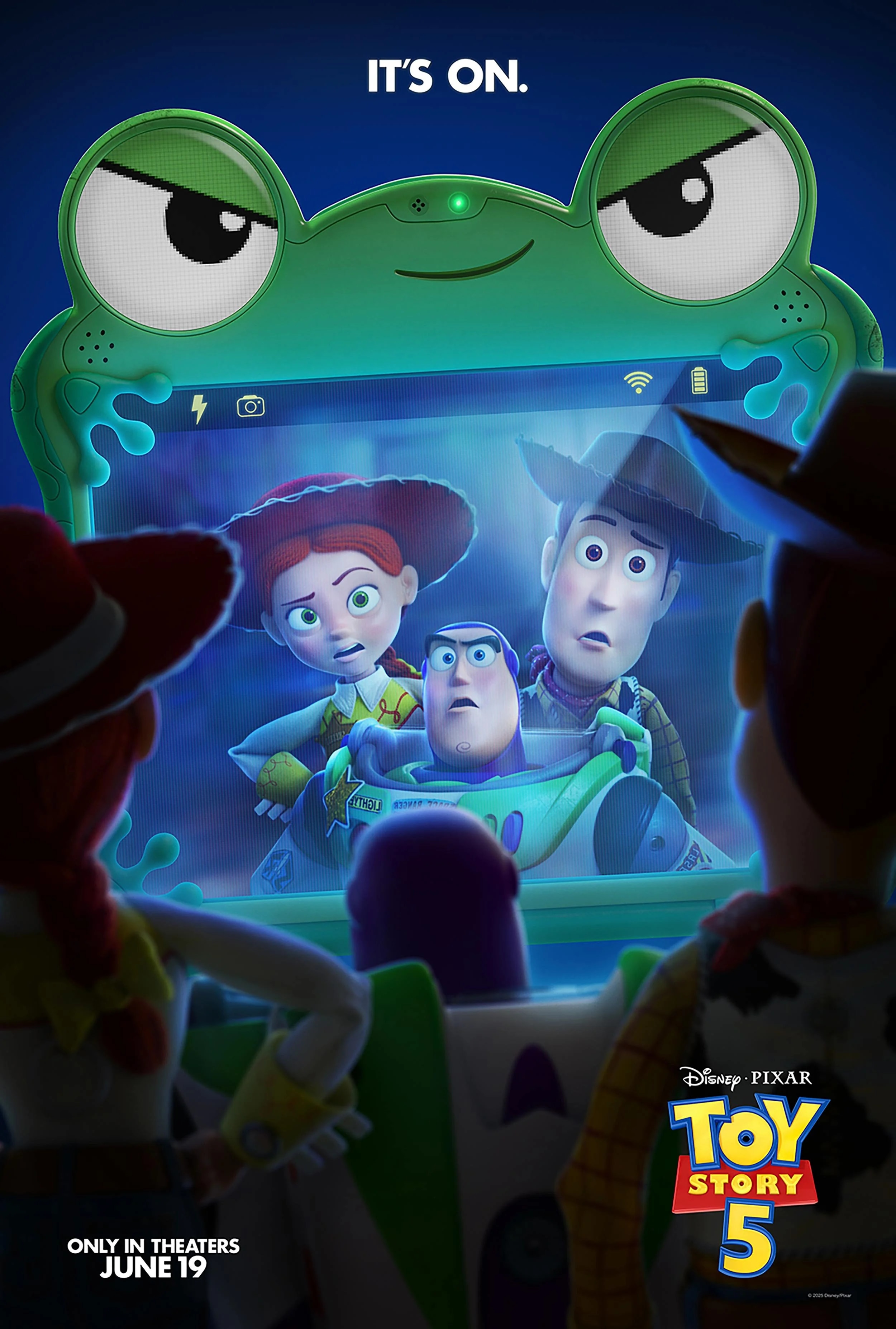 Os personagens de Toy Story, Jessie, Buzz e Woody, olham preocupados para o reflexo de um tablet com tema de sapo.