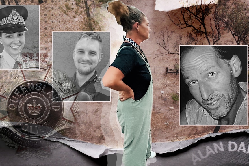 a digitally layered image with insets of three shooting victims, a family member of a victim and a sparse landscape in the back
