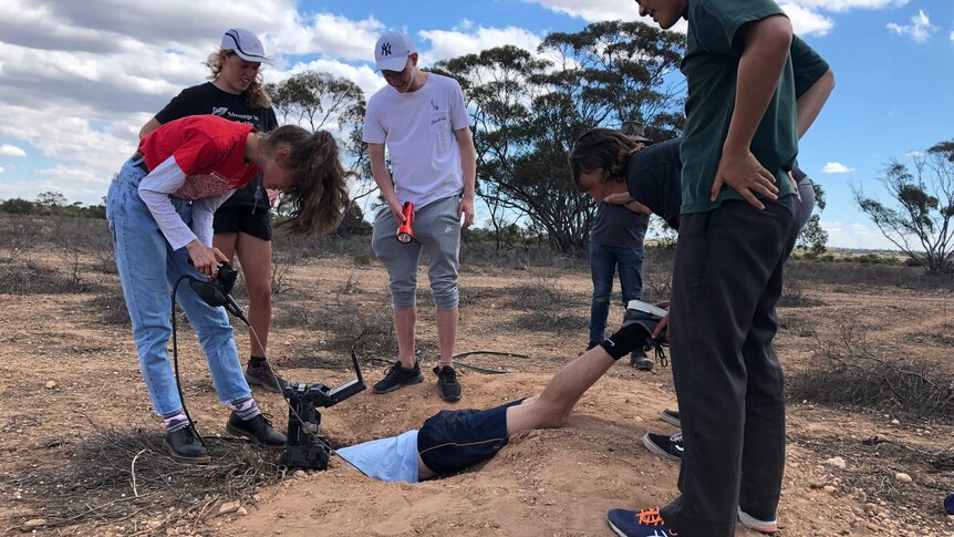 A boy sticking out of a wombat hole with other students around the hole watching