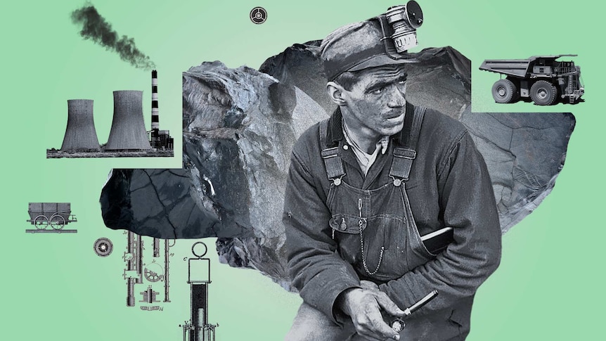 An collage of various coal related imagery like coal trucks, a miner and antique machinery parts.