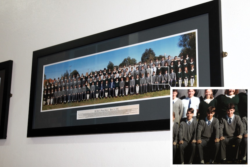 A class photo of the 1991 All Saints College graduating class. NRL player Andrew Johns is pictured
