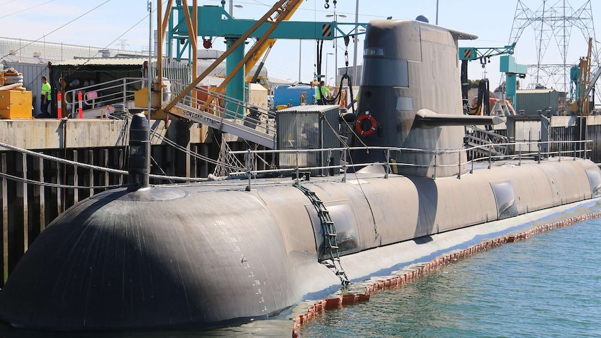 Collins class submarine HMAS Farncomb sits at the ASC shipyard in Adelaide.