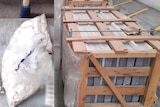 White powder in a bag and pallets