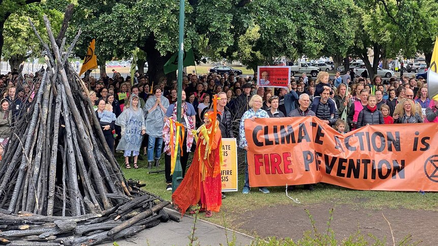 About 200 people gather at a climate rally in Hobart on Parliament House lawn.