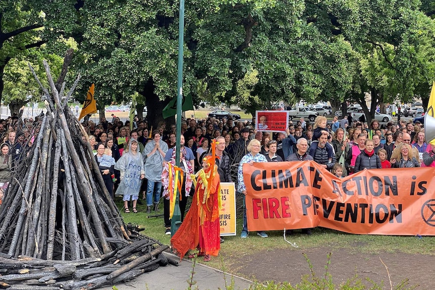 About 200 people gather at a climate rally in Hobart on Parliament House lawn.