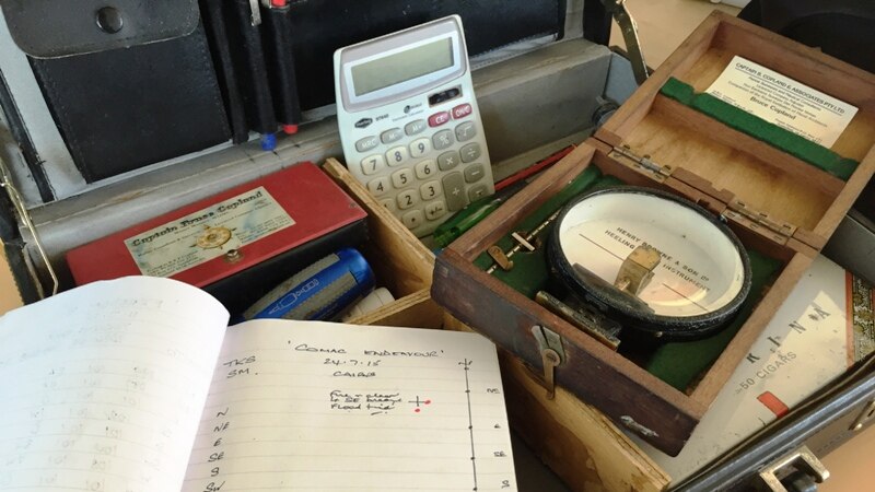 Instruments, a notebook and calculator are neatly arranged in a briefcase