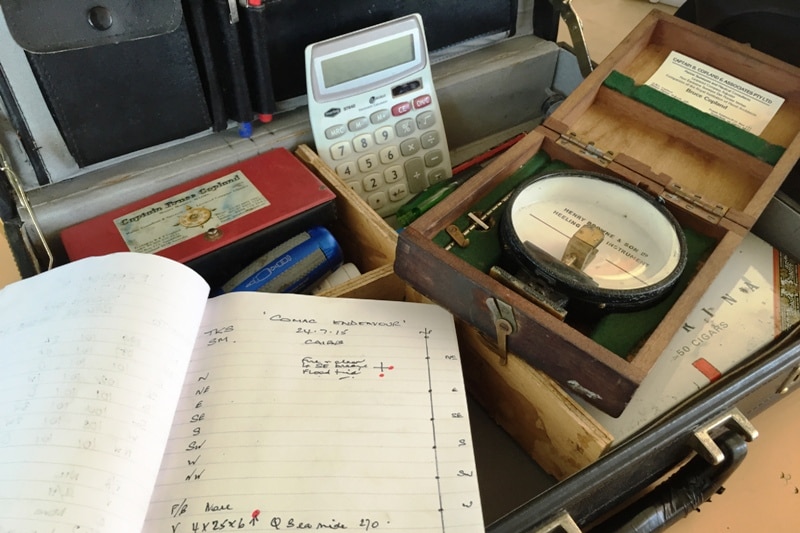 Instruments, a notebook and calculator are neatly arranged in a briefcase