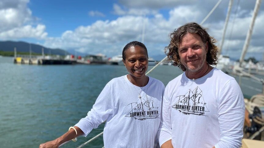 Saltwater club directors Mike Smith and Sonia Minniecon standing aboard the Derwent Hunter