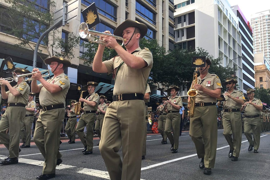 An Army marching band takes part in the Brisbane parade.