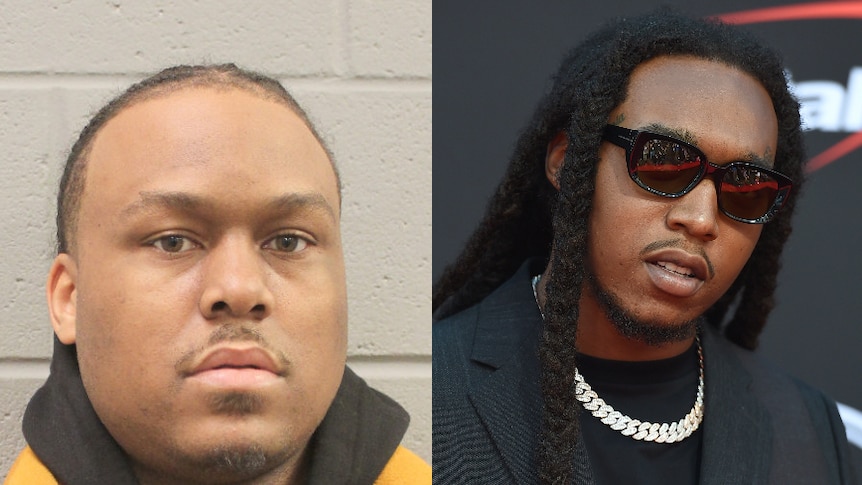 Two photos side by side: A booking photo Patrick Xavier Clark and a red carpet photo of Migos rapper Takeoff. 
