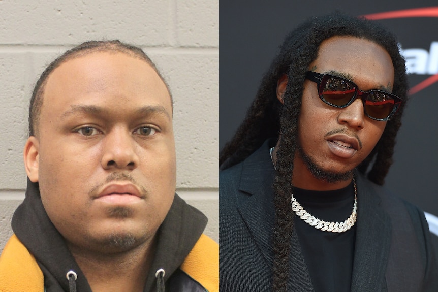 Two photos side by side: A booking photo Patrick Xavier Clark and a red carpet photo of Migos rapper Takeoff. 