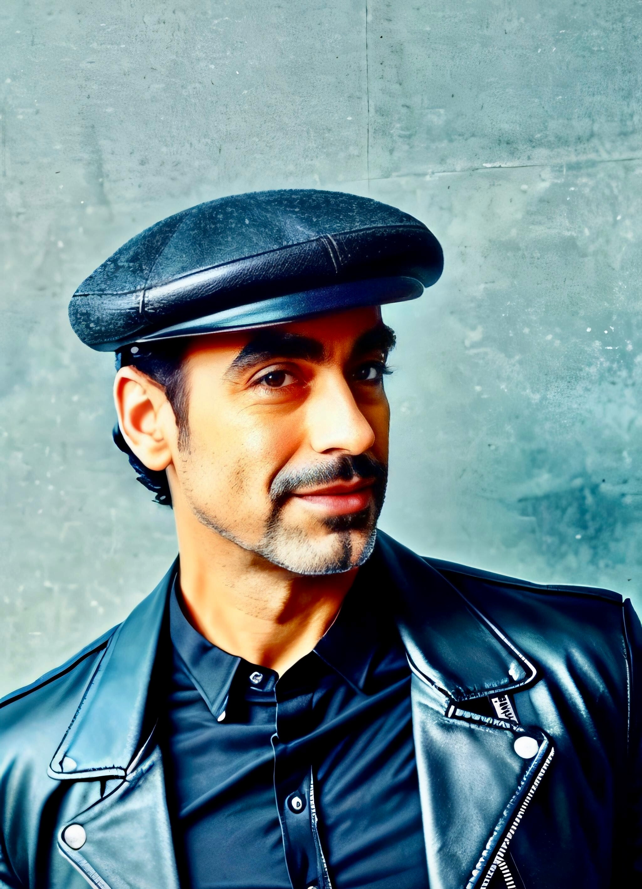 A photo of Yahia. He's wearing a black leather hat, jacket and shirt.